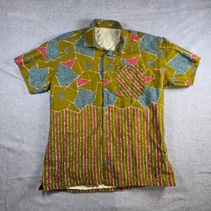 Unbranded Geometric Abstract Sun Print Button Up Mens Large Olive Pink Blue